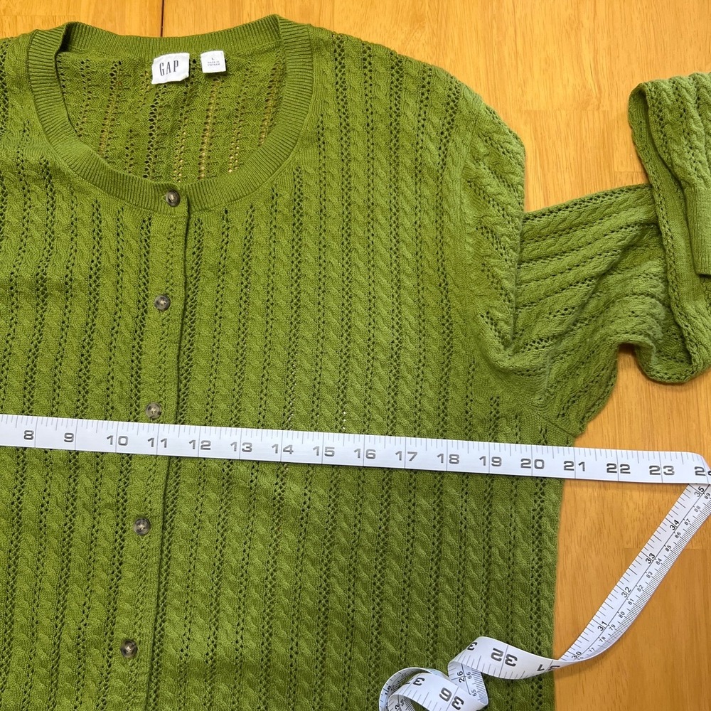 Gap Green Pointelle Cable Knit Button Front Cardigan Sweater Crew Neck Large - Picture 6 of 7